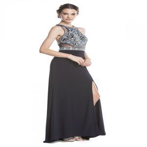 Halter Beaded Dress with Leg Slit and Detailed Back (Navy) By Aspeed L1619